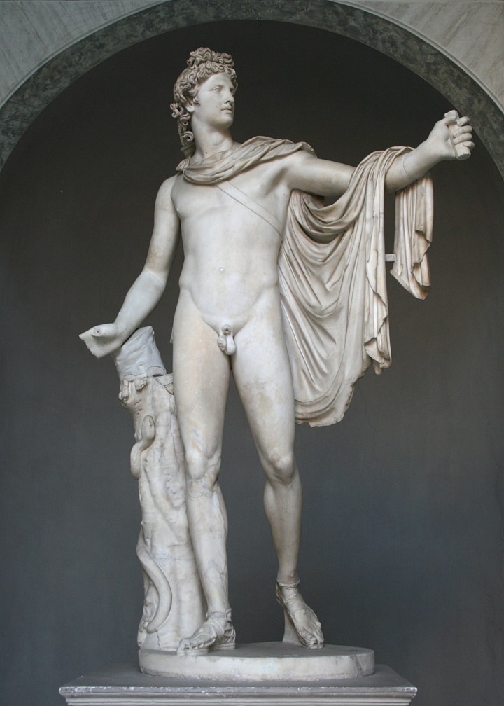 Apolo de Belvedere. Copia romana en mármol de la época imperial que se atribuiría a Leocares después de un original griego en bronce de la época helenística. - Cortille otogonale - Museo-Clementino (Museos Vaticanos).