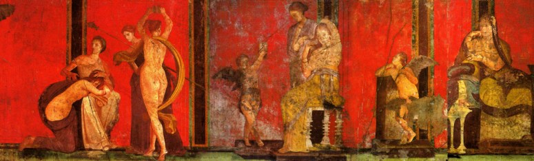 Frescos de la Villa de los Misterios –Pompeya- En un largo friso corrido, las escenas de iniciación dionisiaca van comunicando su complicado y expiatorio ritual hasta llegar a la plena comunicación con el dios Dionisio.