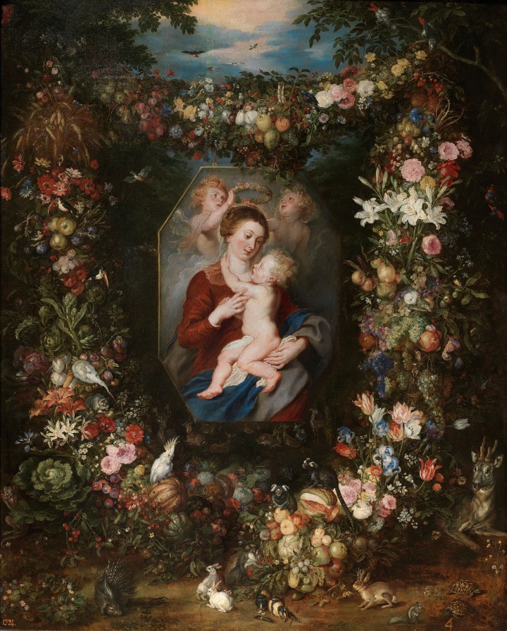 La Virgen y el Niño en un cuadro rodeado de flores y frutas, Pedro Pablo Rubens y Jan Brueghel el Viejo sala 7