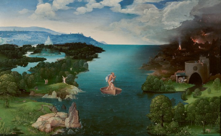 El paso de la laguna Estigia (1520-24). Óleo sobre tabla, 64x103cm. Cuadro de gabinete. Joachim Patinir (H. 1480-1524). Escuela Flamenca. Museo Nacional del Prado.