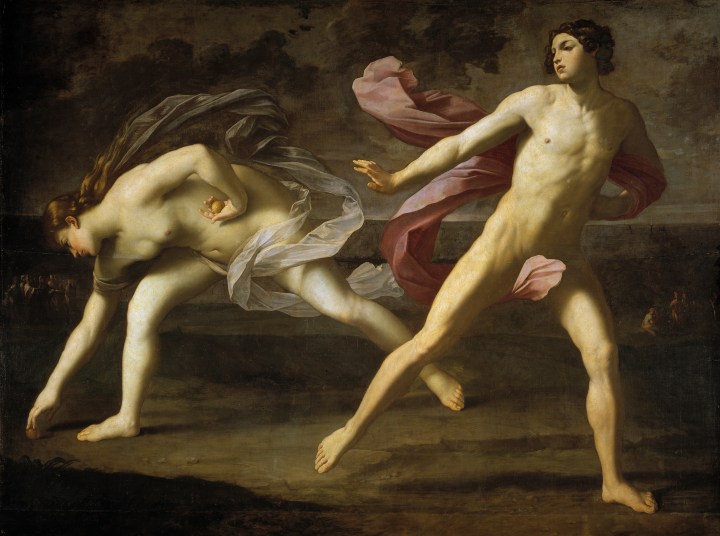 Reni, Guido. Hipómenes y Atalanta. 1618 – 1619. Óleo sobre Lienzo. 206 cm x 297 cm. Escuela Italiana. Museo del Prado.