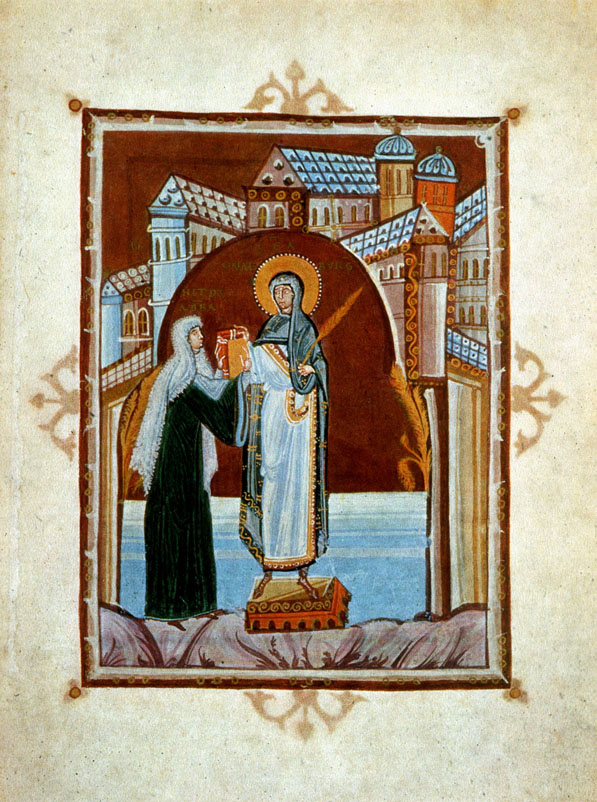 Autorretrato ofreciendo su libro a la santa de su orden. Portada del Codex Hitda.