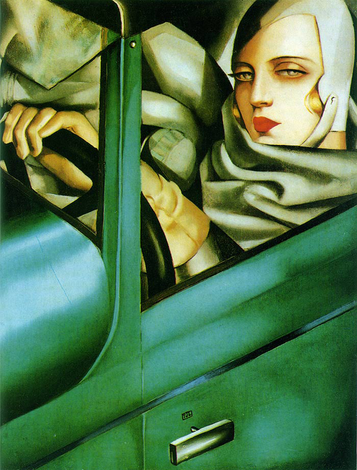 Tamara de Lempicka recuerda en su autorretrato 1929 "Tamara en Bugatti verde", la trágica muerte de la bailarina estadounidense Isadora Duncan que murió estrangulada en 1927, cuando su largo chal se enreda en una de las ruedas posteriores de su Bugatti.