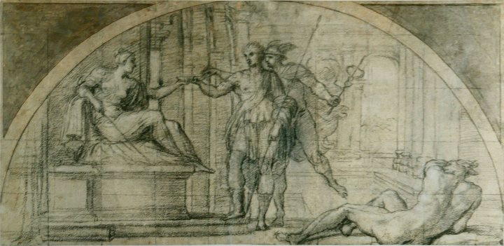 Dibujo de los años 1590, obra de A. Carracci: Hermes protege de Circe a Odiseo.