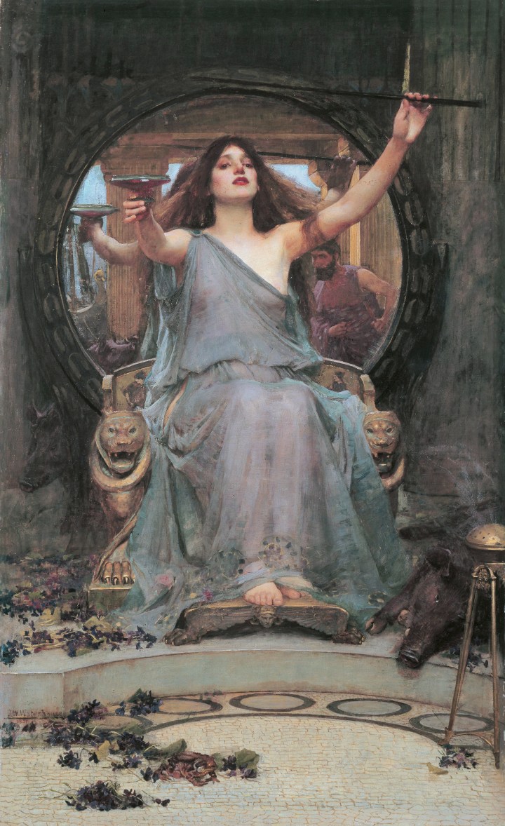 John William Waterhouse (1849–1917). Circe Offering the Cup to Odysseus. 1891.  “Obra titulada "Circe ofreciendo la copa a Odiseo", pintada en 1891 por John William Waterhouse. Gallery Oldham, U.K. Se trata de una escena de la mitología griega, donde la diosa quiere dar al héroe de La Ilíada, una poción para que caiga bajo su encantamiento. Puede observarse el detalle de Ulises en el espejo”. 