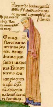 Herrada de Landsberg. Autorretrato de Hortus deliciarum, hacia 1180.