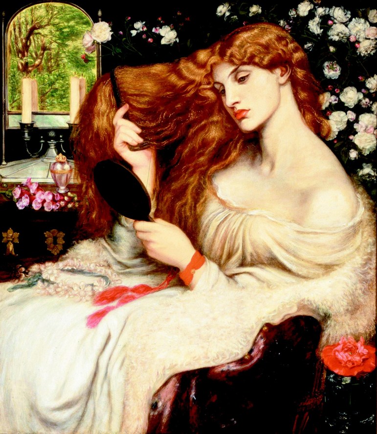 Lady Lilith (c. 1866-68), Dante Gabriel Rossetti. Óleo sobre lienzo, 96,5 x 85,1 cm, Museo de Arte de Delaware. Iniciado en 1864 con Fanny Cornforth como el modelo, y se terminó en 1868. Posteriormente la alteró para mostrar el rostro de otra de sus musas preferidas, Alexa Wilding, la única con quien no mantuvo una relación sentimental. en Kelmscott 1872-3 con el rostro de Alexa Wilding.
