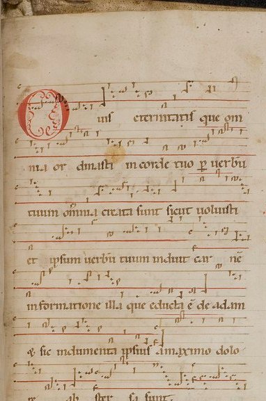 Vista parcial del folio 0466r del Códice de Wiesbaden (Riesencodex) con la notación del canto «O vis eternitatis» de Symphonia armonie celestium revelationum.