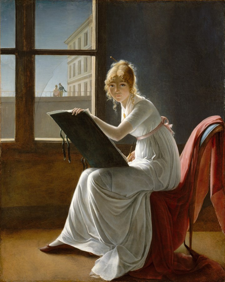 Marie-Denise Villers (1774–1821). Charlotte du Val d'Ognes Joven pintando, posible autorretrato de Marie-Denise Villers. 1801. Óleo sobre lienzo, 161.3 × 128.6 cm. Metropolitan Museum of Art. Aunque en un principio esta obra fue atribuida a Jacques-Louis David más tarde se constató que su autora era Marie-Denise Villers. Se cree que podría tratarse de un autorretrato de la artista.