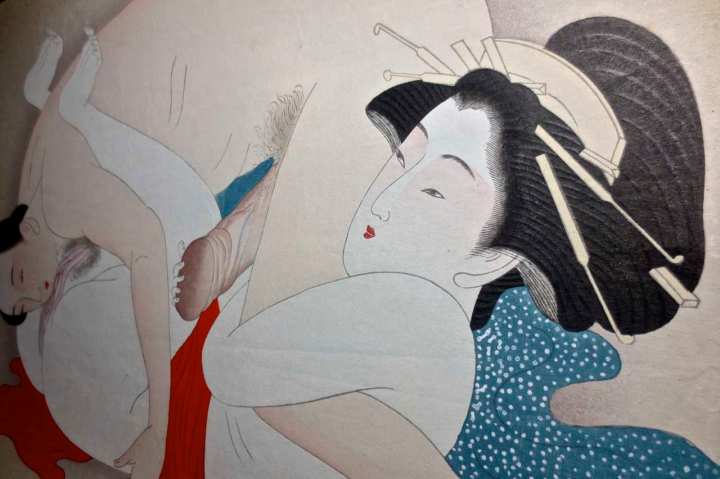 shunga woodblock print hokusai school