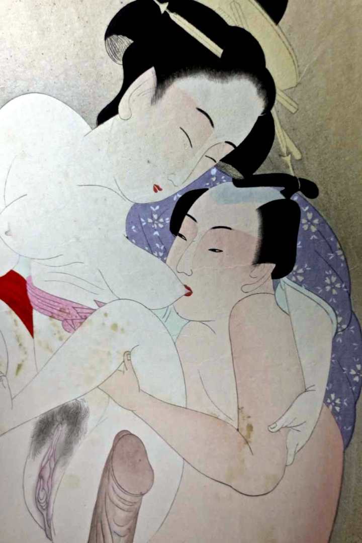 shunga woodblock print hokusai school