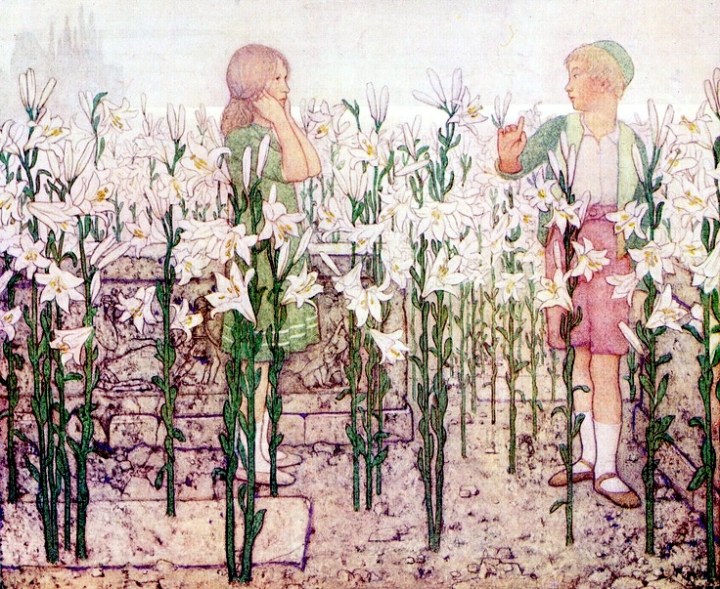 Tyltyl_turns_the_Diamond,_Frederick_Cayley_Robinson_illustration_from_The_Blue